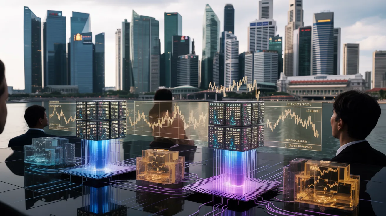 Singapore skyline with holographic quantum finance display, diverse professionals watch.