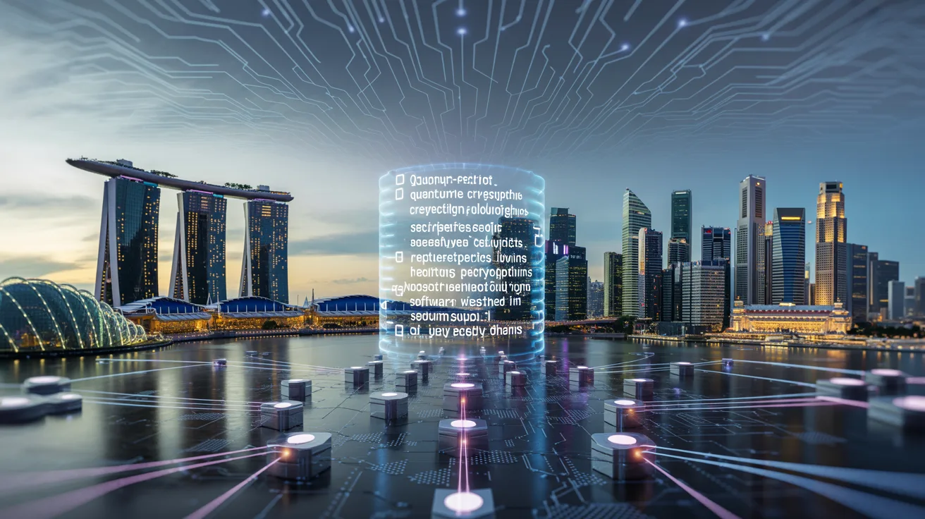 Singapore skyline with quantum circuit sky, secure software chains, cryptographic shield, 3D nodes.