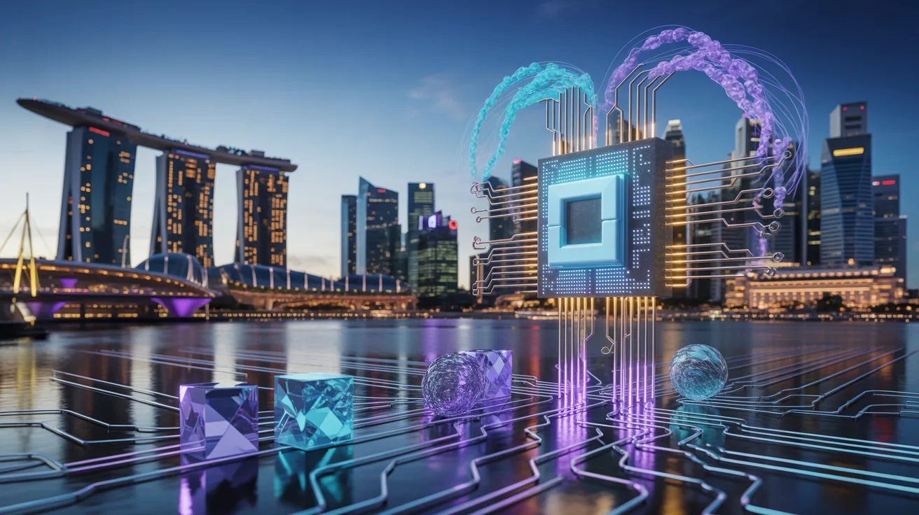 Singapore's Marina Bay at night, holographic circuit board above water with blue, purple reflections.