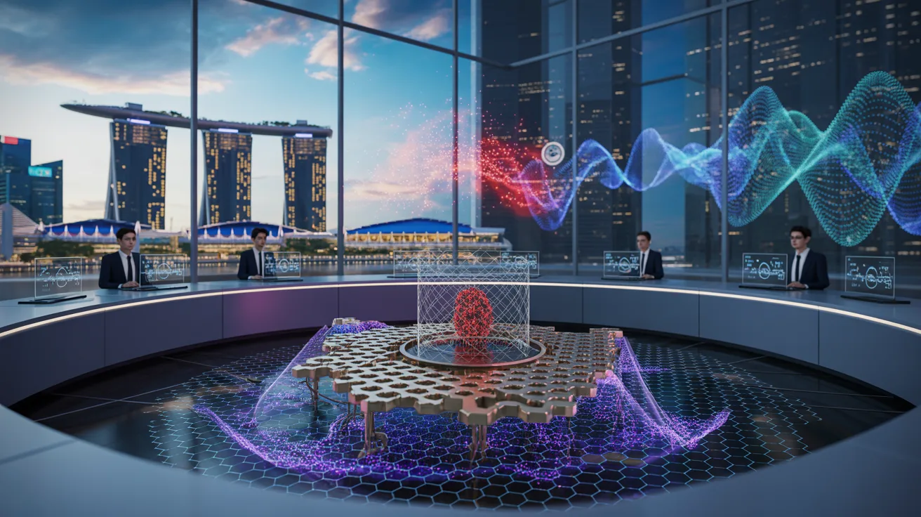A futuristic cybersecurity center in Singapore with holographic network and quantum honeypot.