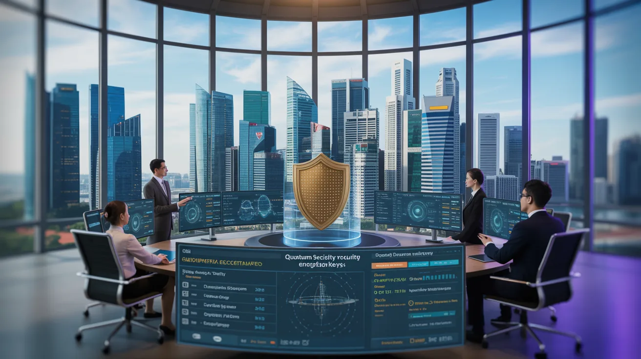 Corporate security center in Singapore skyscraper with holographic 3D quantum shield and cybersecurity experts.