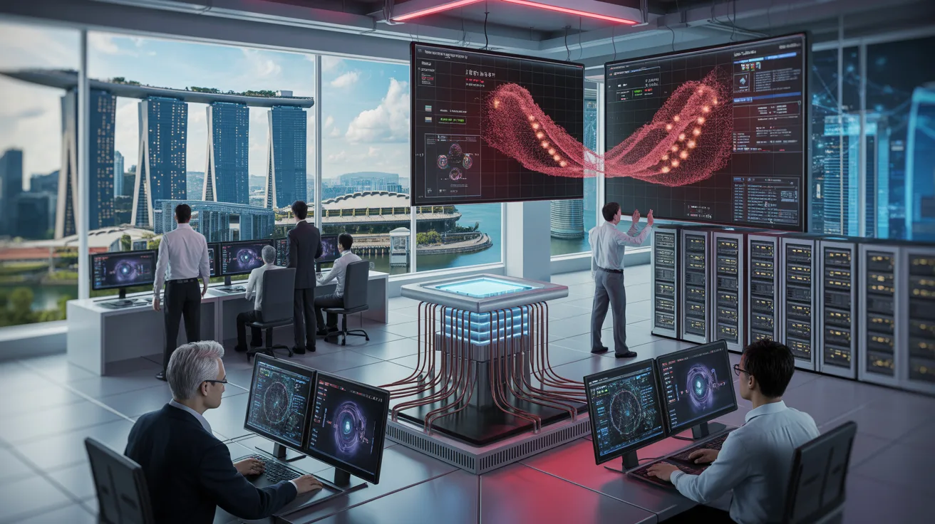 Futuristic cybersecurity center in Singapore with quantum-AI systems, holographic displays, and Marina Bay Sands view.