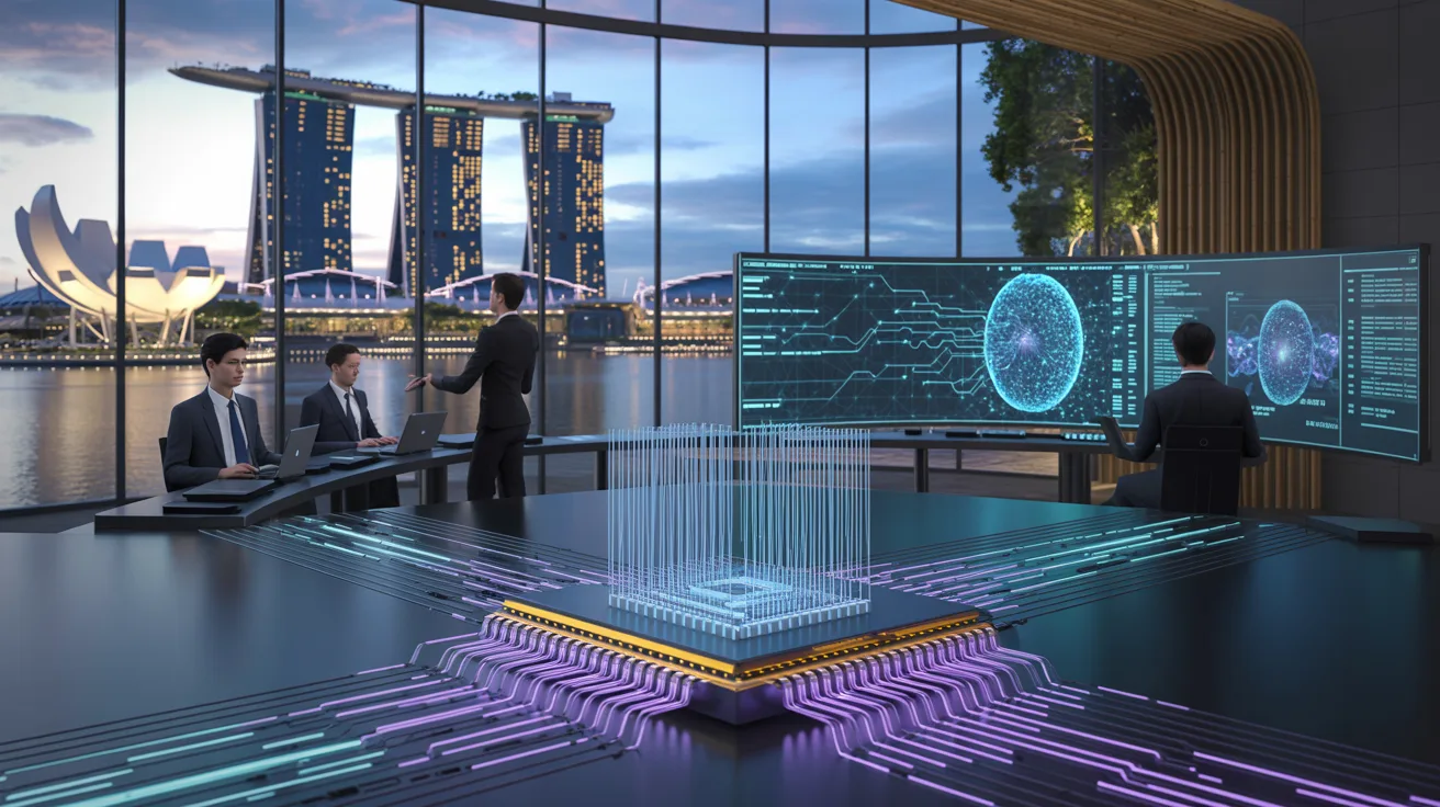Futuristic cybersecurity hub in Singapore with holographic network scan, quantum chips, diverse experts, and skyline views.