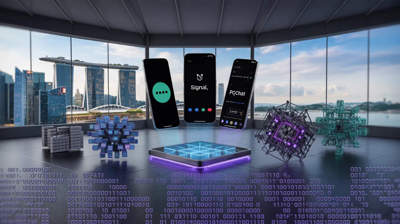 Futuristic cybersecurity hub with smartphones and quantum visuals in Singapore.