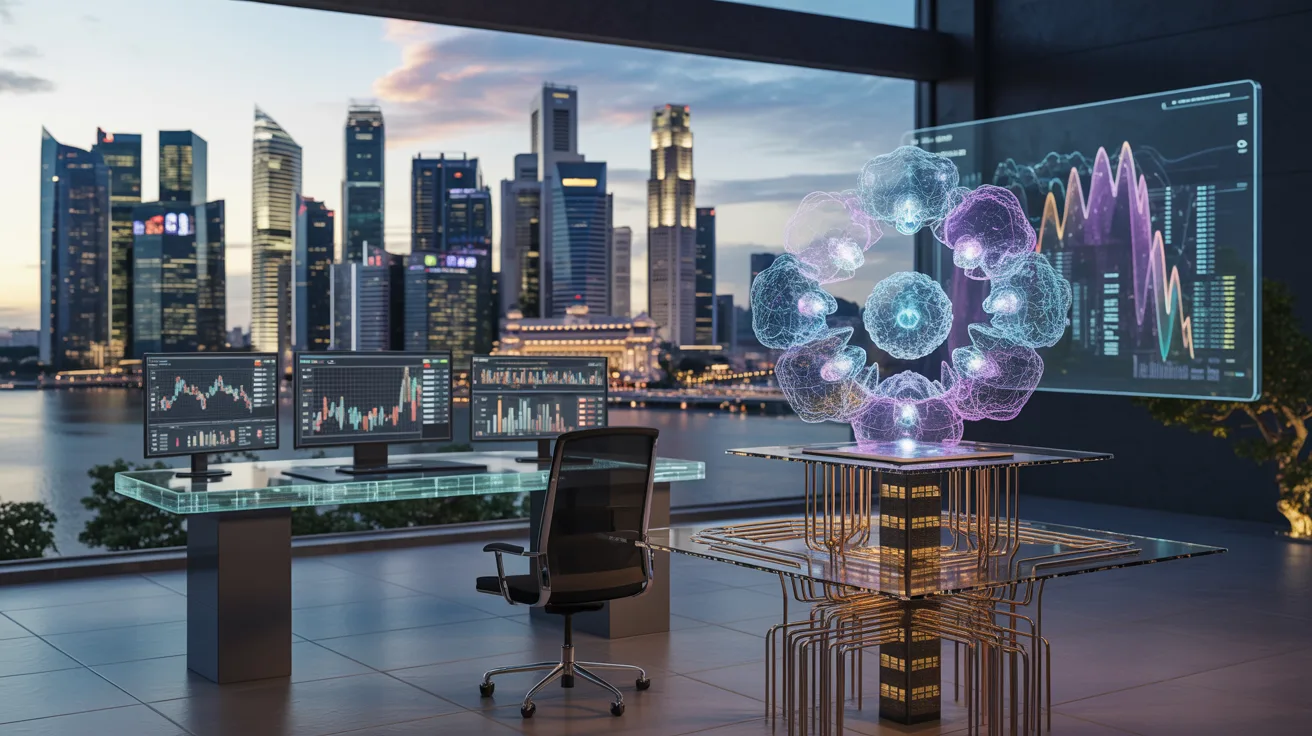 Futuristic finance control room with quantum circuits, overlooking Singapore's skyline at dusk.