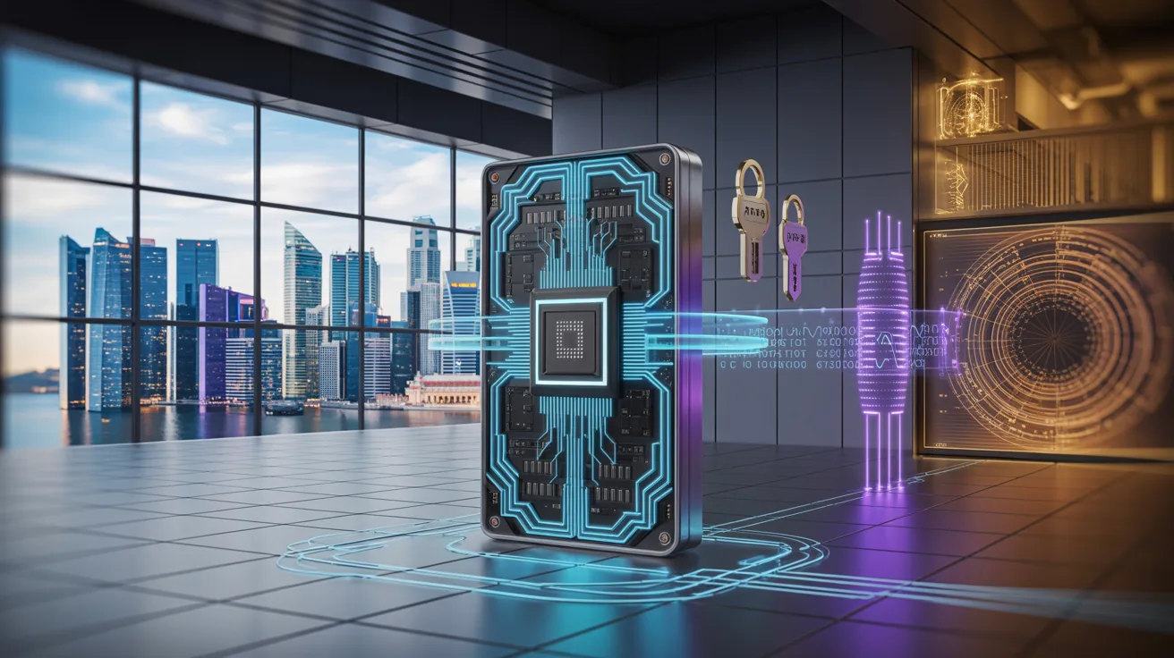 Futuristic HSM glowing with blue-cyan patterns in a secure server room with Singapore skyline.