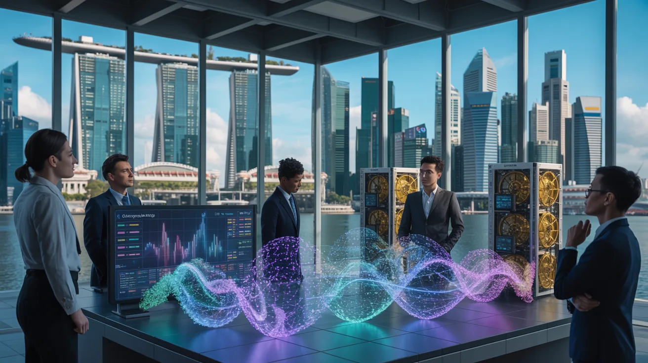 Futuristic quantum computing facility in Singapore with holographic investment visualization, diverse professionals, and city skyline.