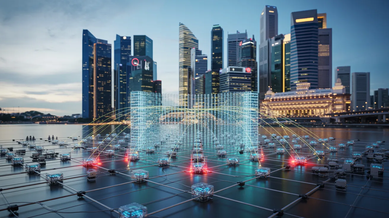 Futuristic SASE architecture with quantum encryption set against Singapore's dusk skyline.