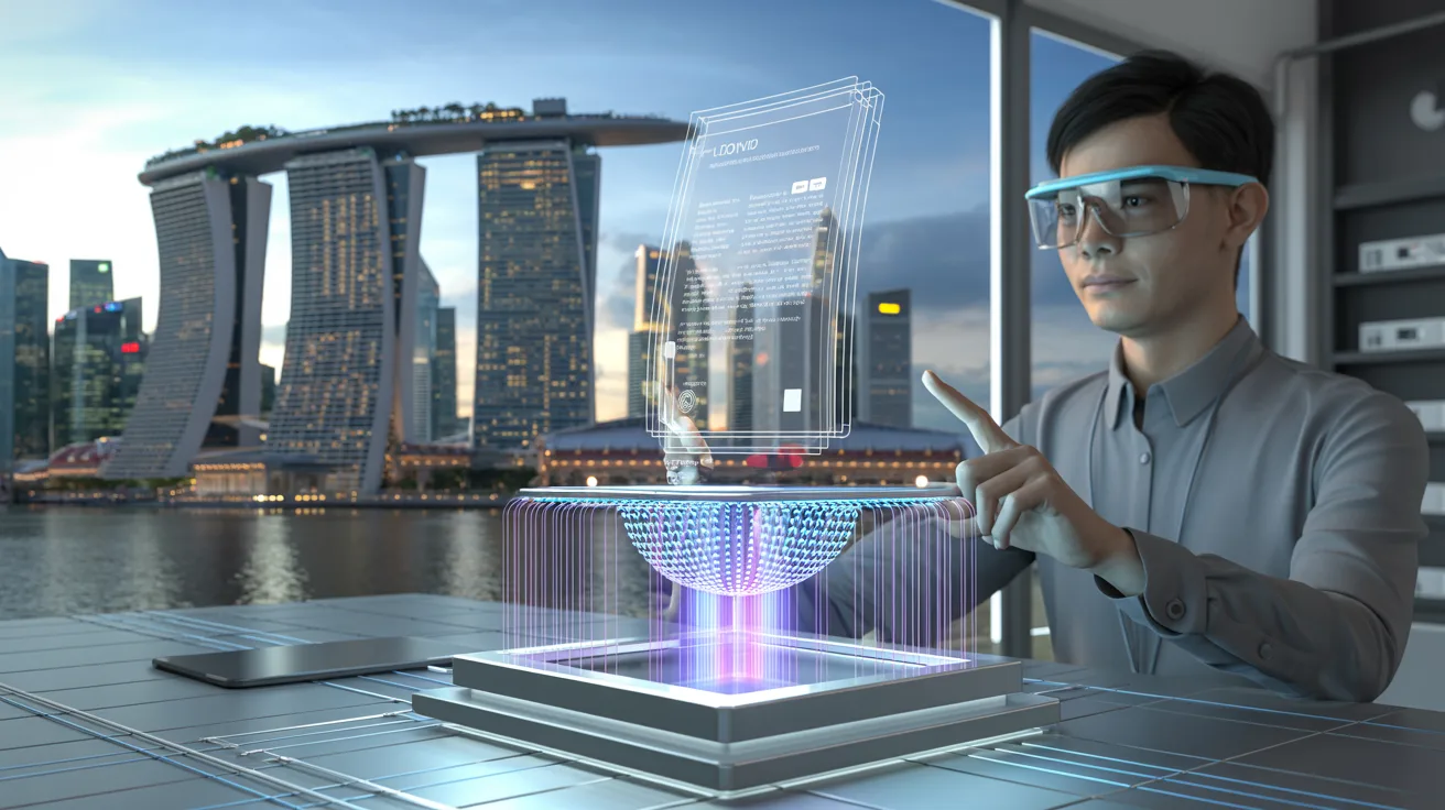 Futuristic Singapore cityscape with quantum computing and finance elements, holographic document scan.
