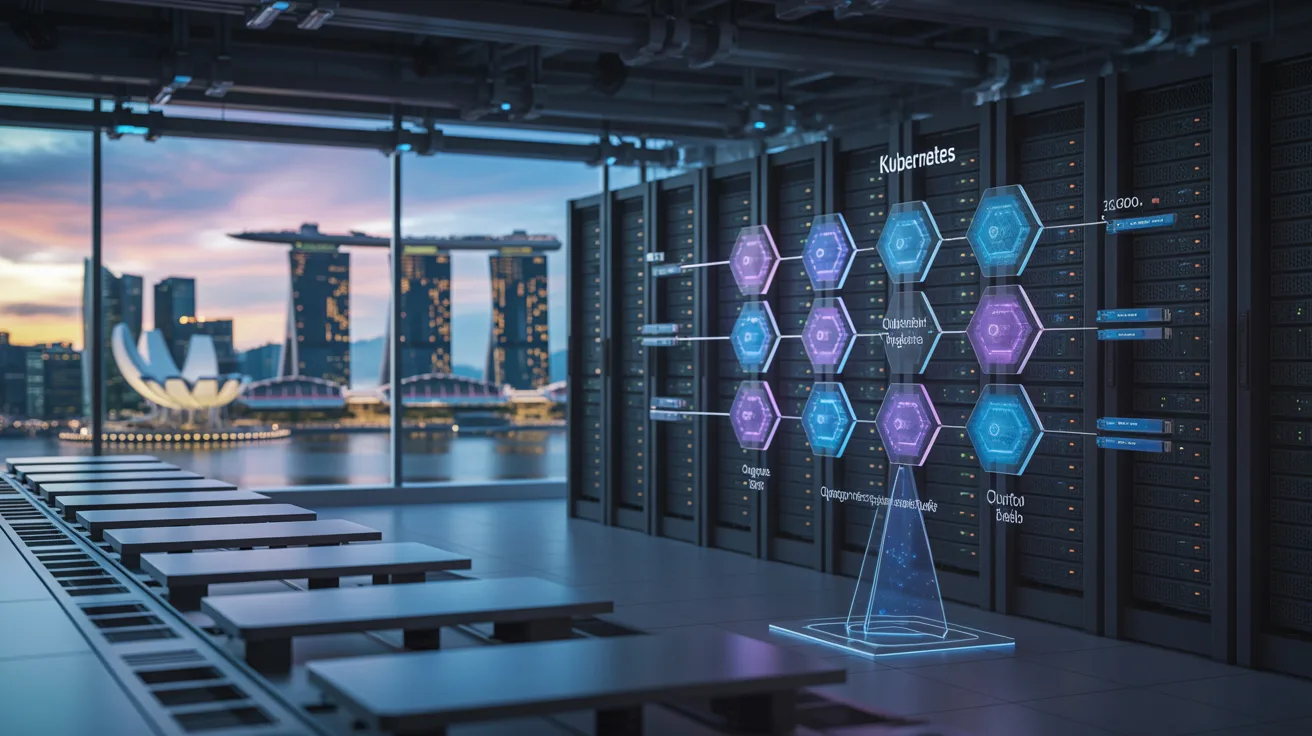 Futuristic Singapore data center with glowing Kubernetes nodes and skyline view.