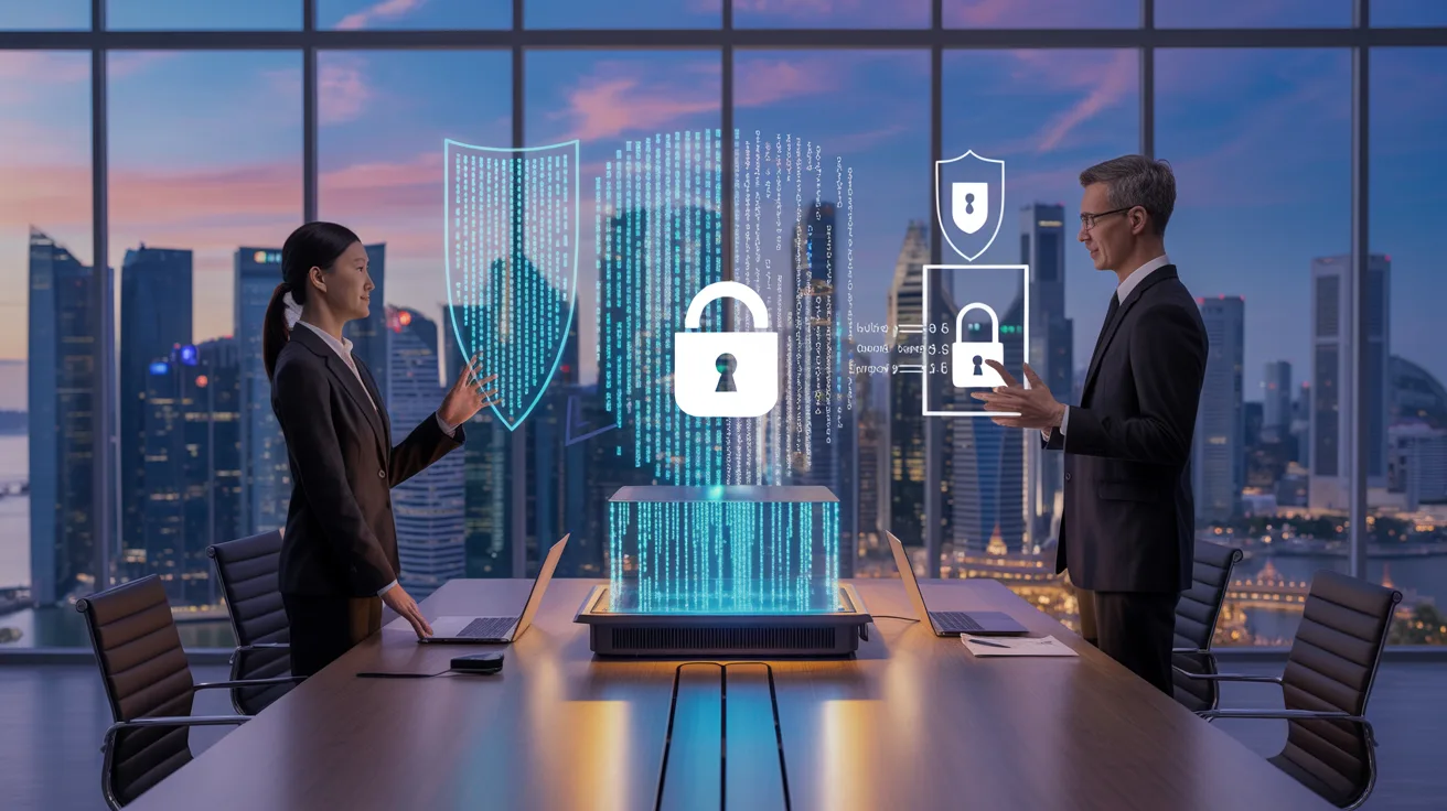 Futuristic Singapore office with quantum computer, holographic security, and skyline view.