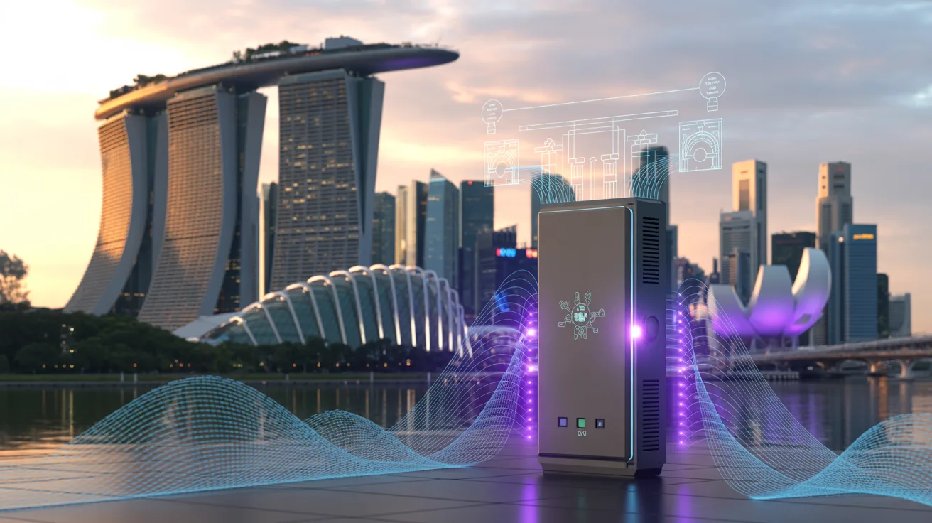 Futuristic Singapore skyline at dusk with IoT gateway emitting cryptographic patterns.