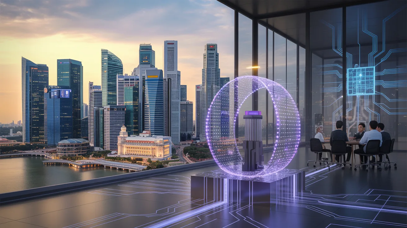 Futuristic Singapore skyline at dusk with quantum security visuals and holograms.