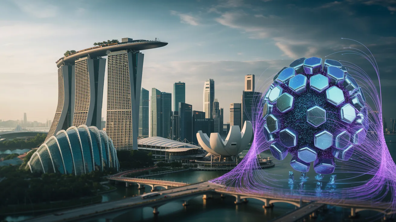 Futuristic Singapore skyline with holographic blockchain under attack by quantum waves.