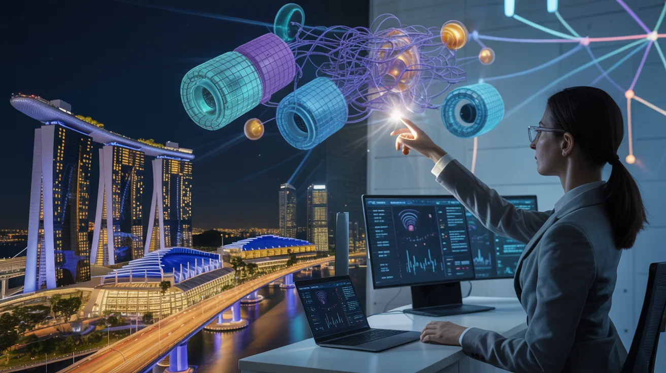 Futuristic Singapore skyline with Marina Bay Sands, quantum visualization, and SOC analyst at night.