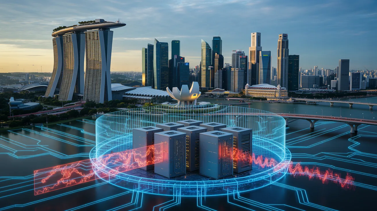 Futuristic Singapore skyline with quantum circuitry overlay, holographic shield protecting cloud servers.