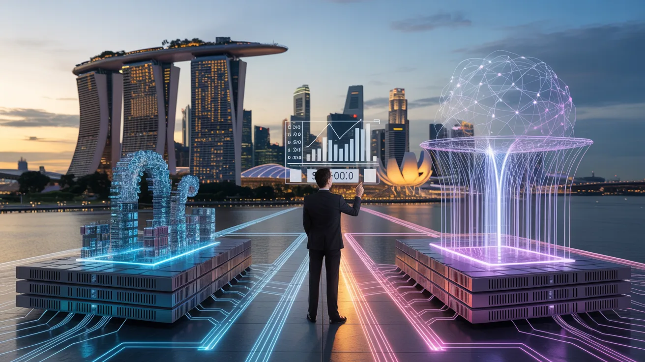 Futuristic Singapore skyline with quantum computing elements and business analysis at dusk.