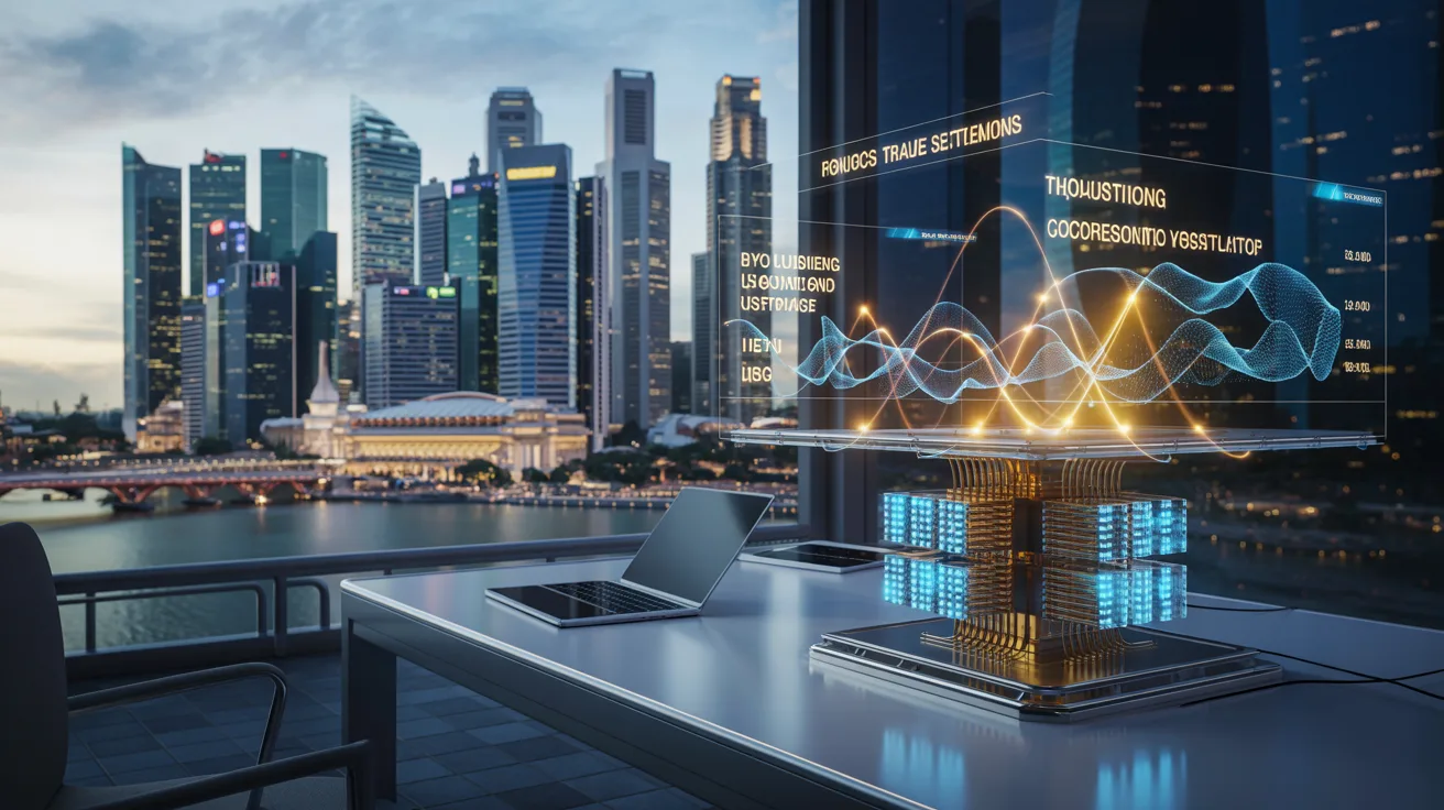 Futuristic Singapore skyline with quantum processor, holographic trades in blue-gold light.