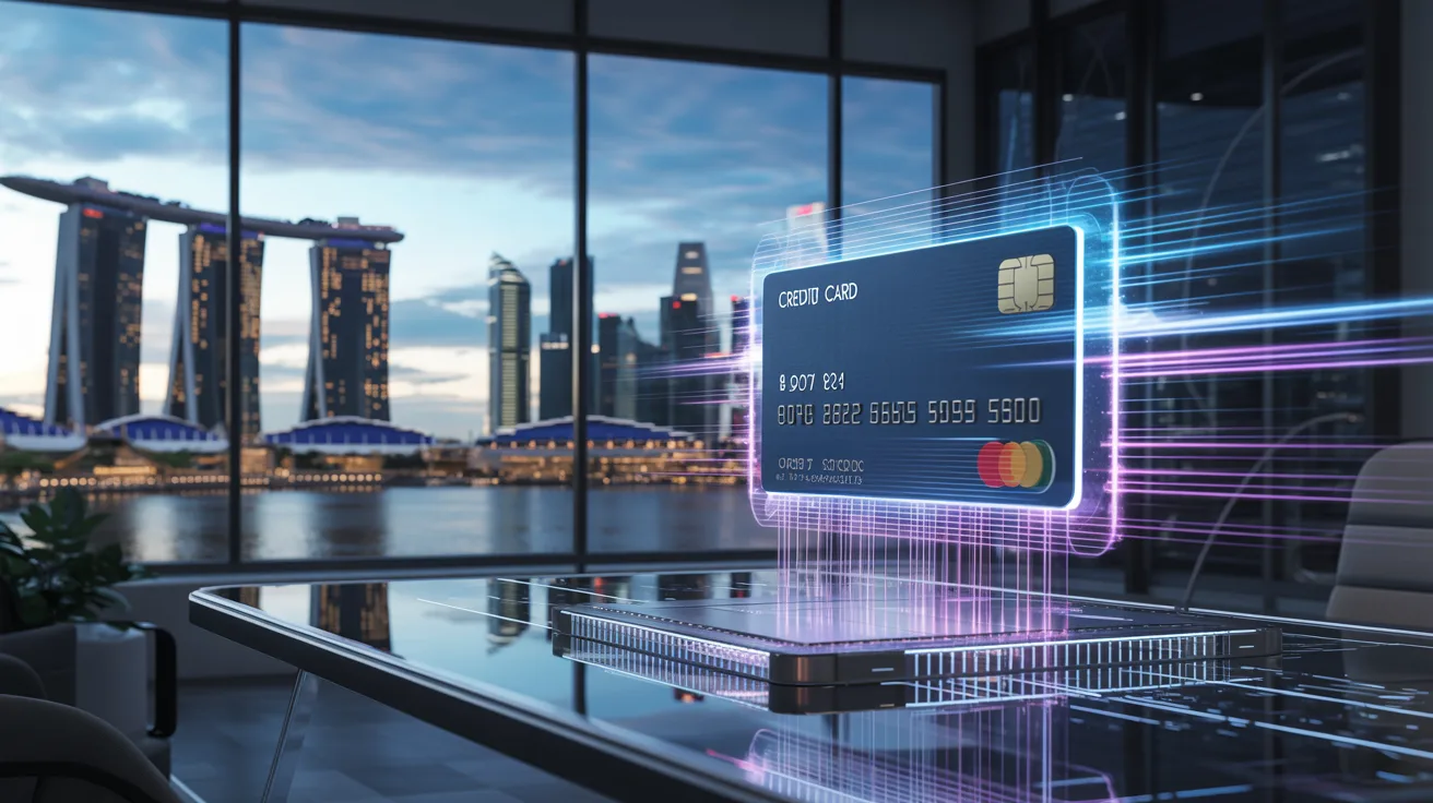 Futuristic Singapore with holographic credit card scan, quantum circuits, cool blue energy.