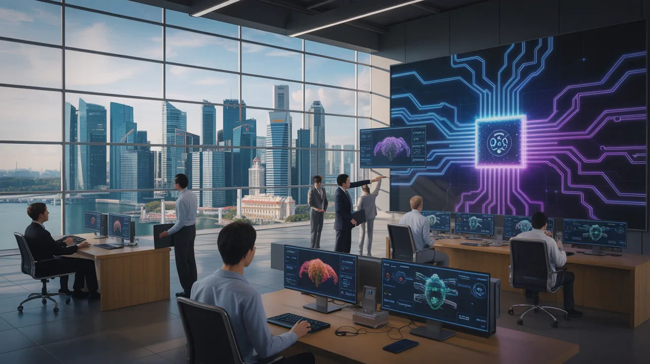 Futuristic SOC in Singapore with holographic interfaces and panoramic Marina Bay views.