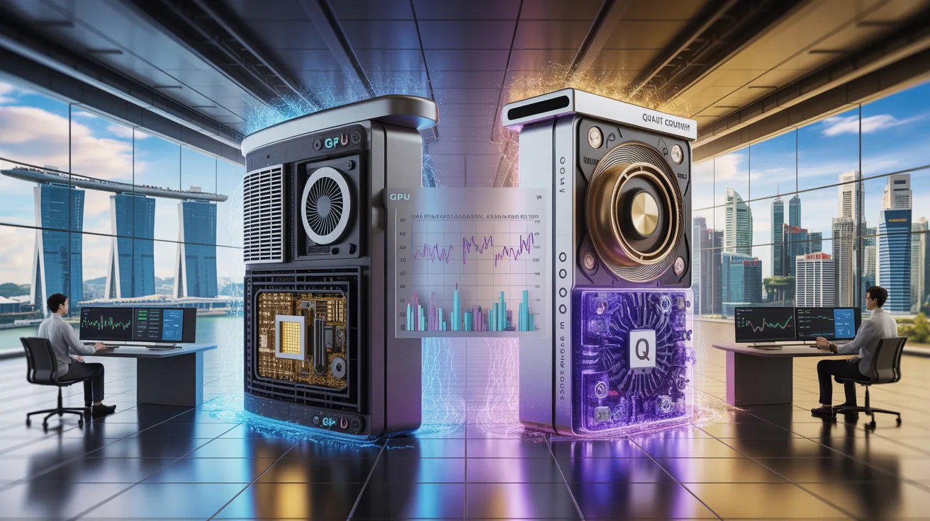 GPU vs QPU in Singapore lab; scientists analyze financial graphs; iconic skyline view.