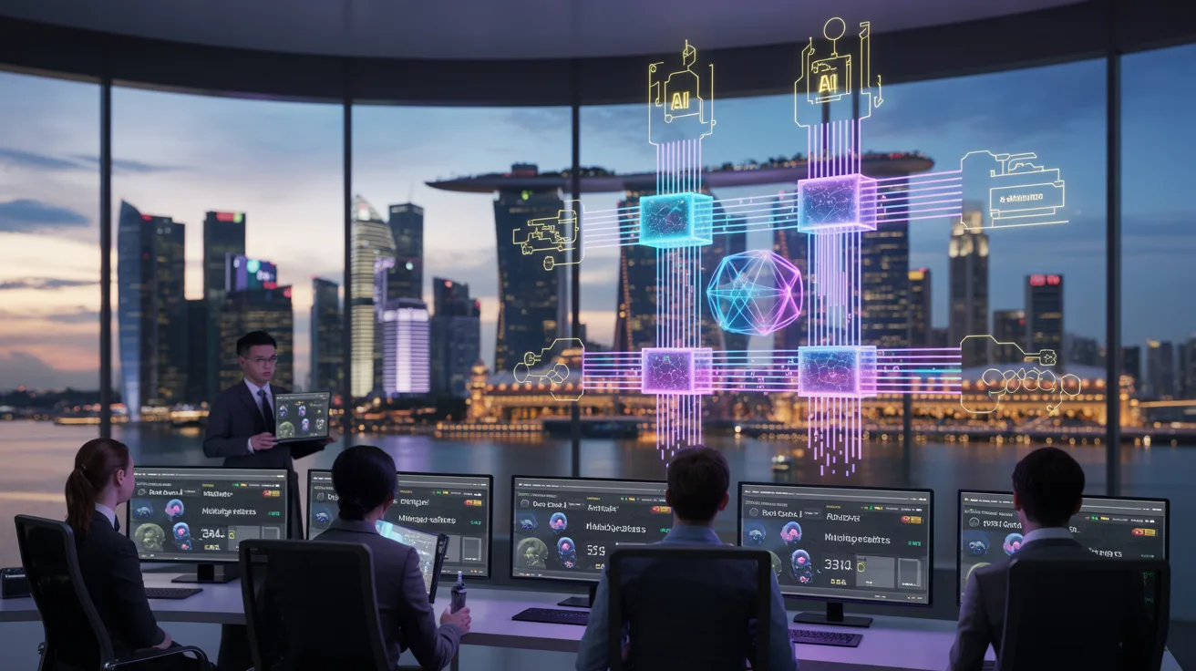 High-tech command center with holographic quantum interface, AI security team, Singapore skyline.