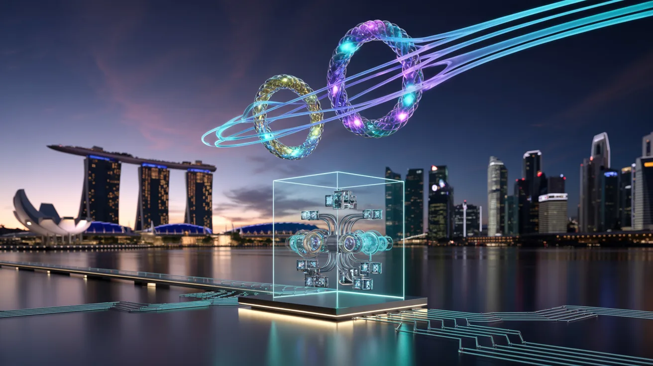 Intertwined glowing quantum particles with energy tendrils above futuristic Singapore skyline at dusk.