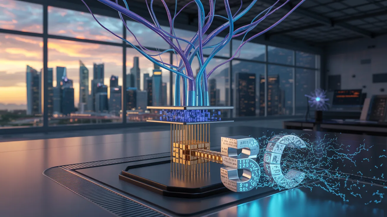 Neural networks interface with quantum computing, luminous pathways in a lab overlooking Singapore's skyline.