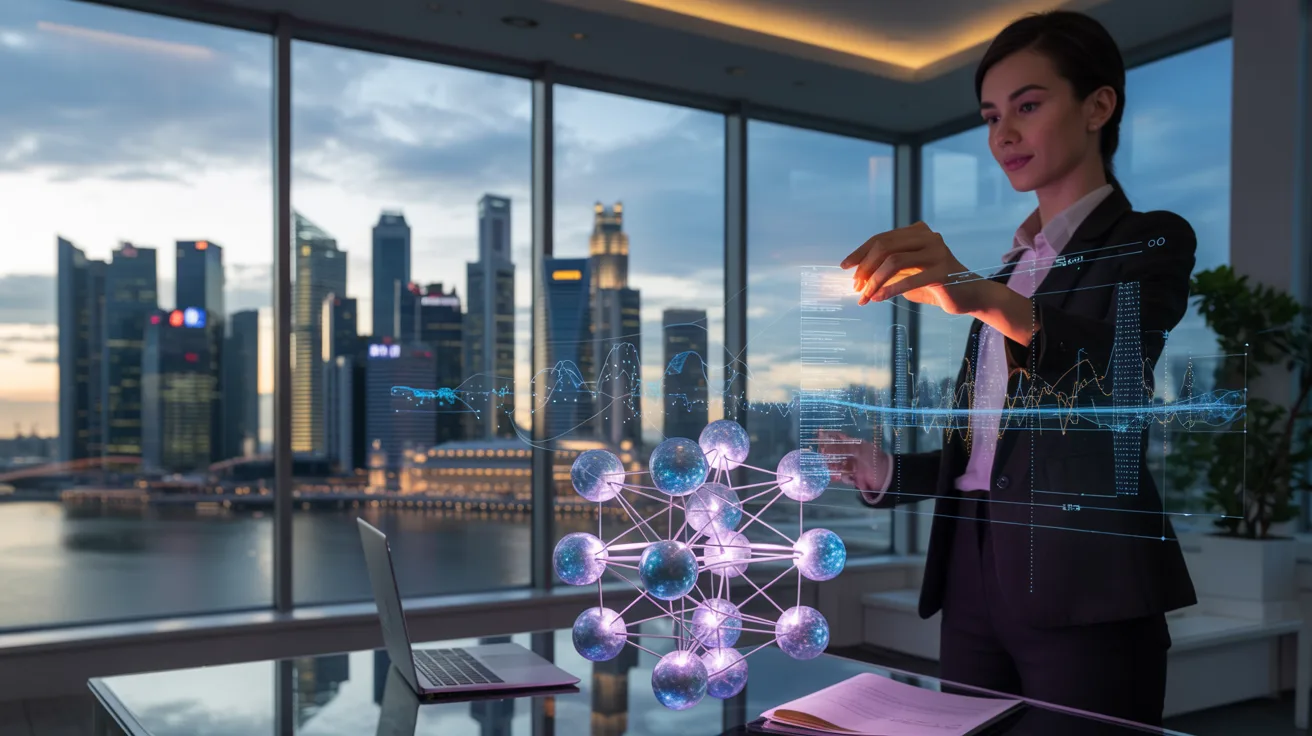 Quantum annealing tech in a Singapore office, holographic nodes, skyline at dusk.
