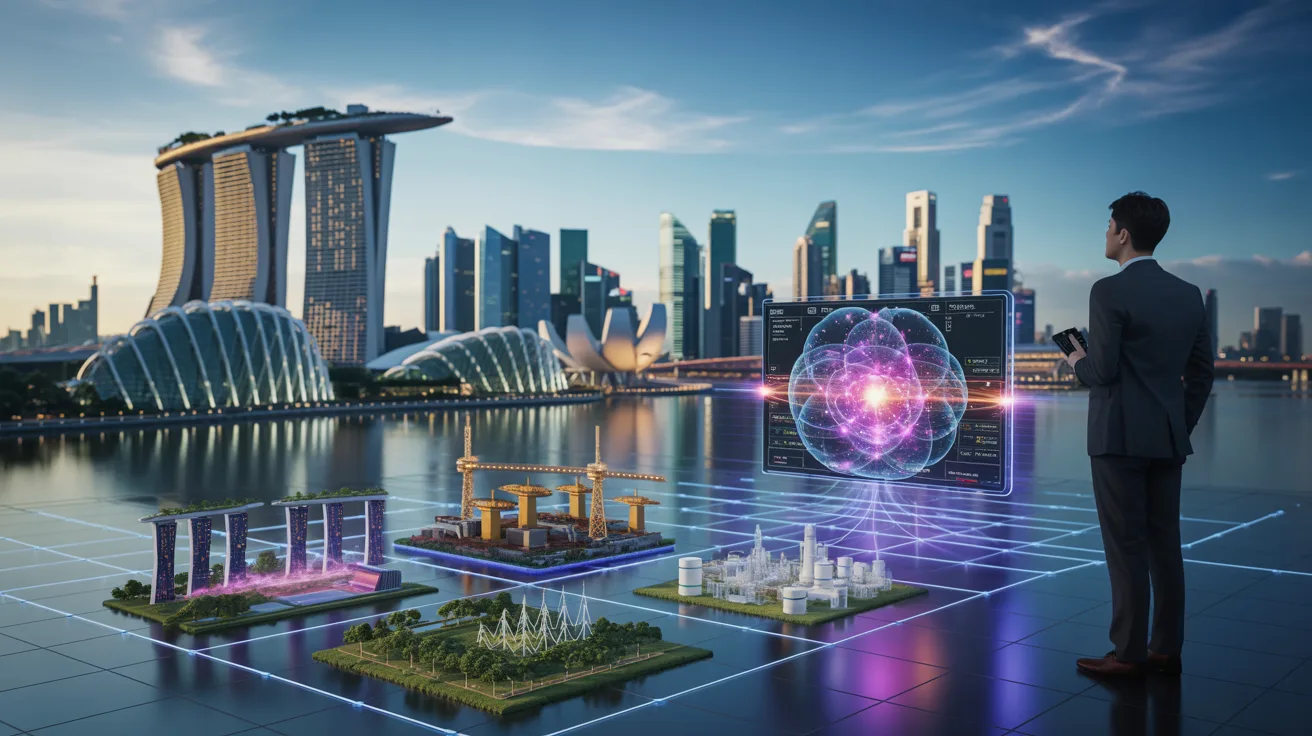 Quantum computer optimizing energy trade in futuristic Singapore skyline, dramatic lights.