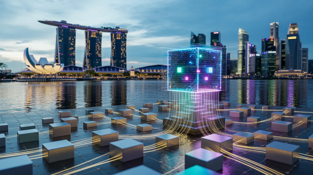 Quantum computing and cryptocurrency merge in futuristic Singapore skyline at dusk.