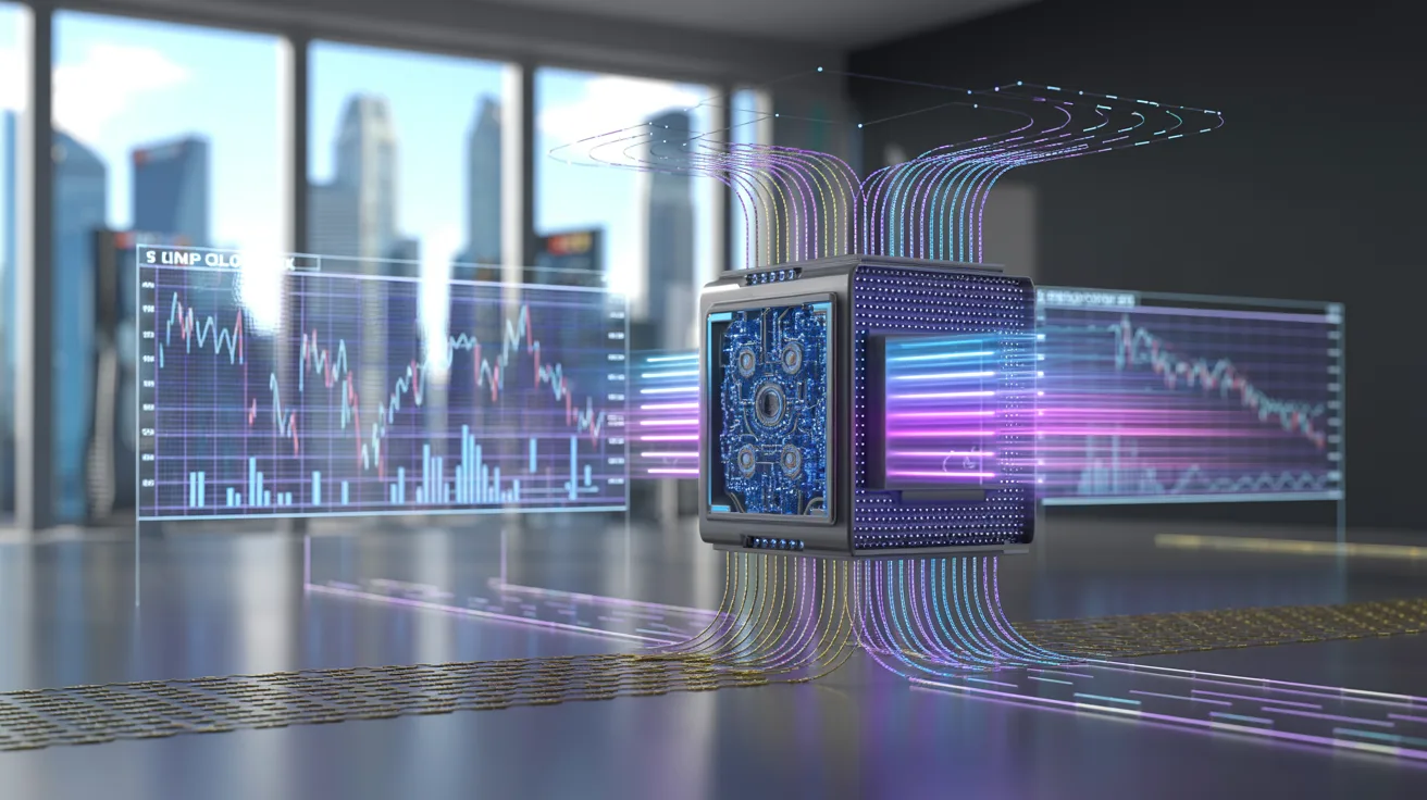 Quantum computing in finance, blue-violet light, Singapore skyline.