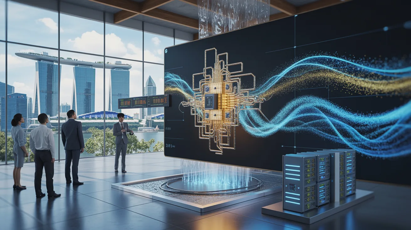 Quantum computing lab in Singapore with holographic financial data display, diverse professionals, Marina Bay Sands view.