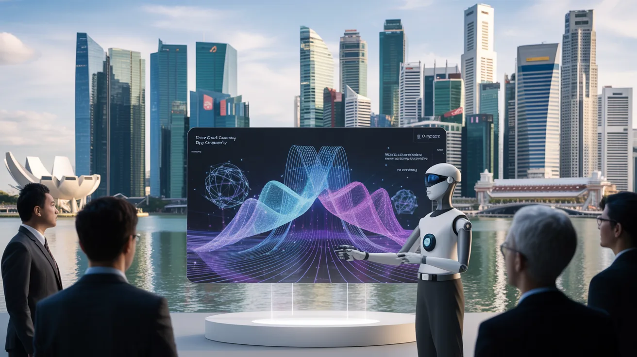 Quantum computing security with AI and cryptography in futuristic Singapore skyline.