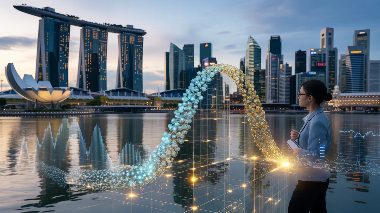 Quantum computing transforms financial modeling with a Singapore skyline at dusk.