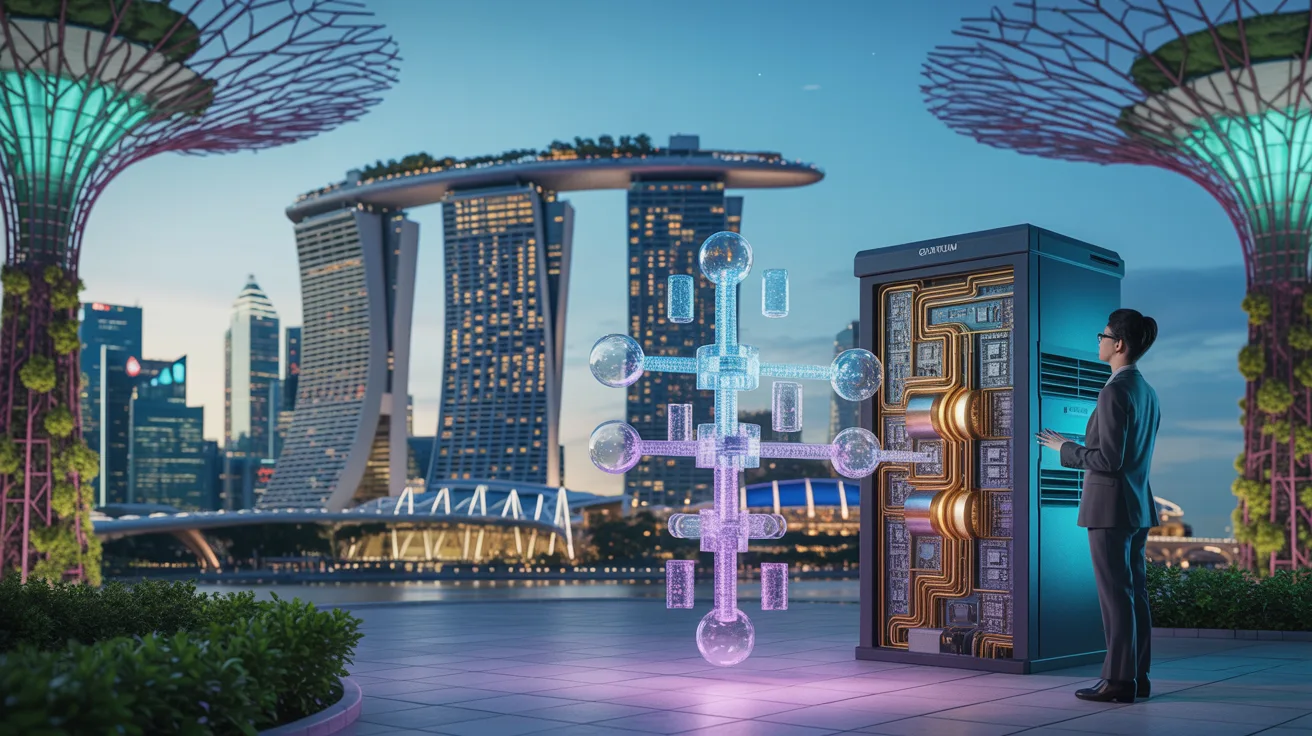 Quantum computing transforms financial risk in a glowing Singapore cityscape at dusk.