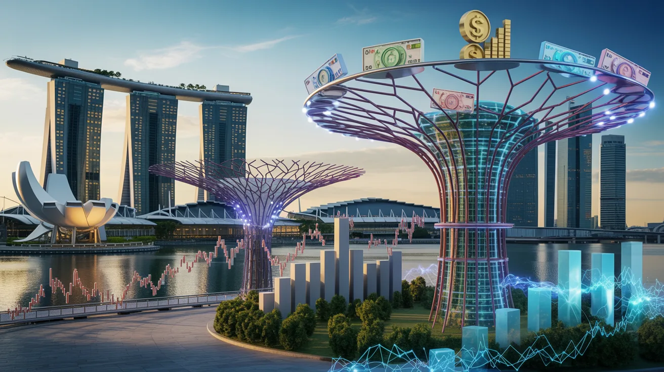 Quantum scenario trees with Singapore skyline, glowing nodes, currency icons, and market graphs.