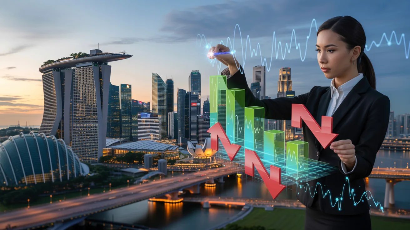 Singapore cityscape at twilight with businesswoman manipulating holographic quantum financial data.