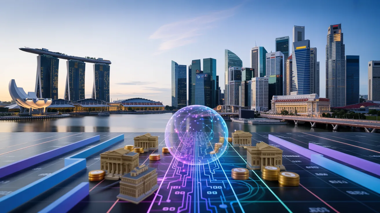 Singapore skyline at dusk with holographic quantum finance display and glowing dashboard.