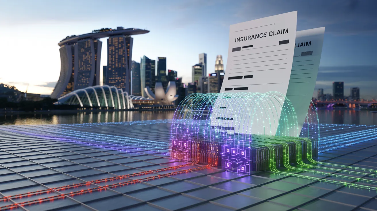 Singapore skyline at dusk with holographic quantum circuits analyzing insurance claims.