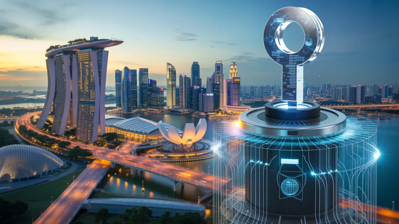 Singapore skyline at dusk with quantum encryption and security elements.