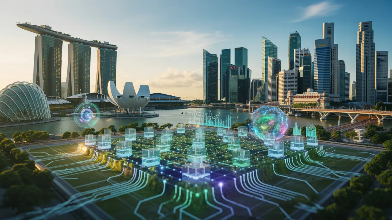 Singapore skyline at golden hour with quantum computing elements and ESG data holograms.