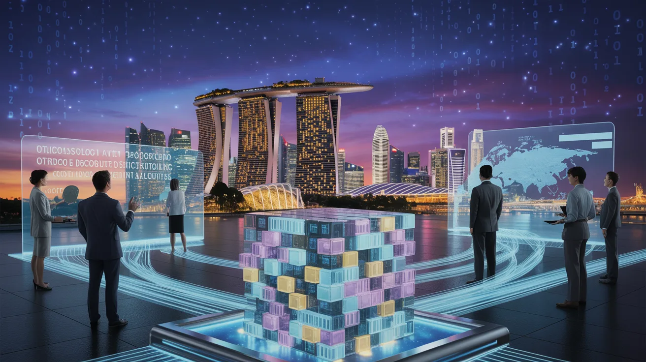 Singapore skyline with Marina Bay Sands, quantum processor glowing, diverse professionals, tech displays.