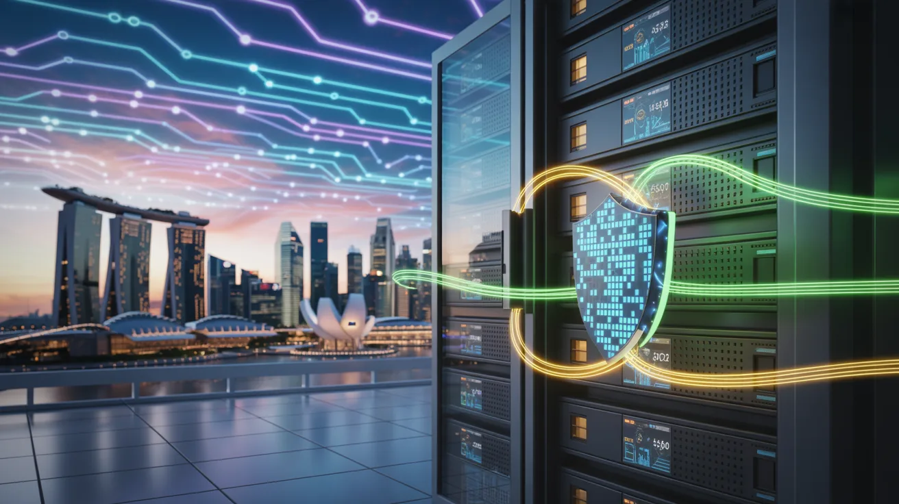 Singapore skyline with quantum circuit overlays, secure servers, and cyber elements.