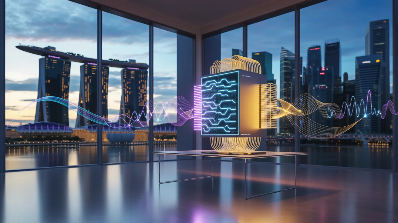 Sleek Singapore finance district with hybrid quantum-classical computing display at dawn.